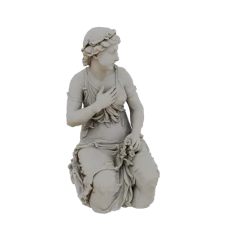 3D модель мраморной скульптуры нимфы в полусидячей позе, держащей букет цветов, в стиле академической школы XIX века.