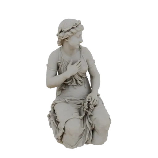 3D модель мраморной скульптуры нимфы в полусидячей позе, держащей букет цветов, в стиле академической школы XIX века.