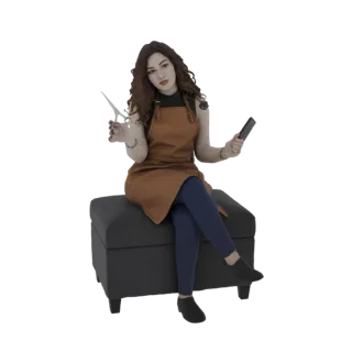 3D model of a female barber sitting on a dark ottoman, holding scissors and a comb.