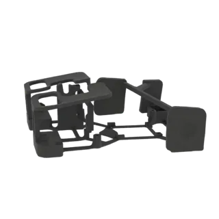 3D-модель темно-серого, скелетного каркаса шасси для карта или подобного транспортного средства, вид сбоку.