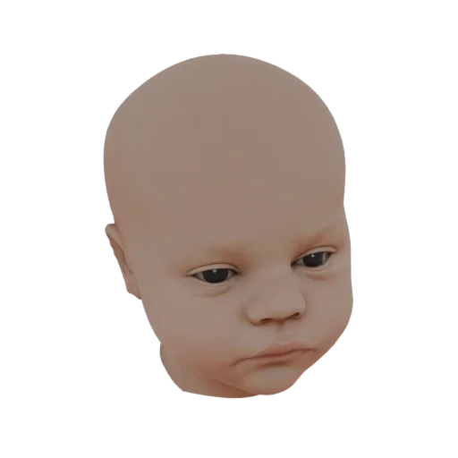 Реалистичная 3D модель головы младенца с нейтральным выражением лица и детализированной текстурой кожи, представленная на бел