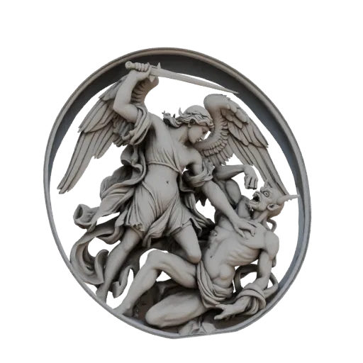 3D модель Архангела Михаила в битве, поражающего демона мечом, в круге.