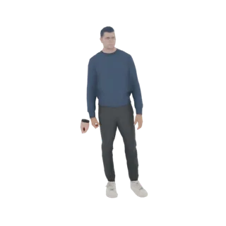 3D модель мужчины в синем свитере и серых брюках, стоящего с руками по бокам.