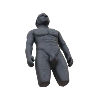 3D-рендер абстрактной мужской фигуры с детализированной текстурой древесной зернистости, динамично расположенной на белом фон