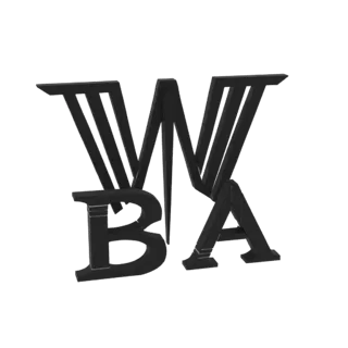 3D-модель логотипа VBA с жирными угловатыми черными буквами на белом фоне.