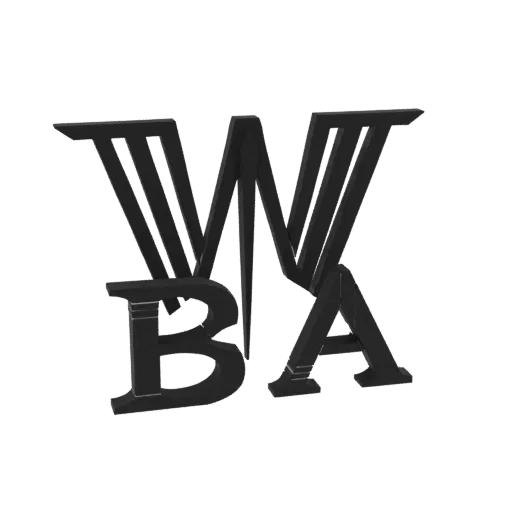 3D-модель логотипа VBA с жирными угловатыми черными буквами на белом фоне.