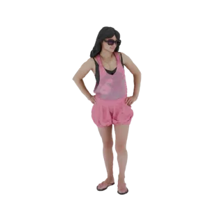3D модель женщины в розовом летнем наряде, черном топе и очках, позирующей с руками на бедрах.