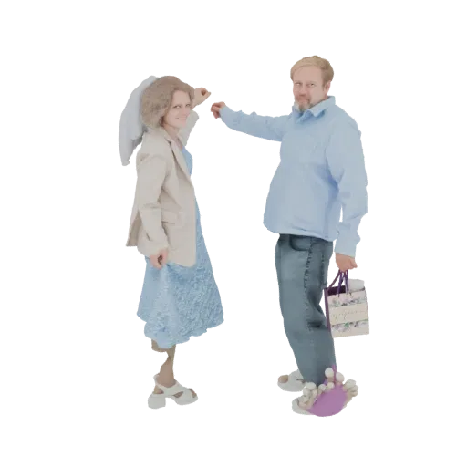 3D модель улыбающейся танцующей пары, мужчина держит подарочную сумку, на белом фоне.