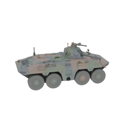 Side view of a 3D model of a German Boxer MRAV armored personnel carrier with camouflage paint.