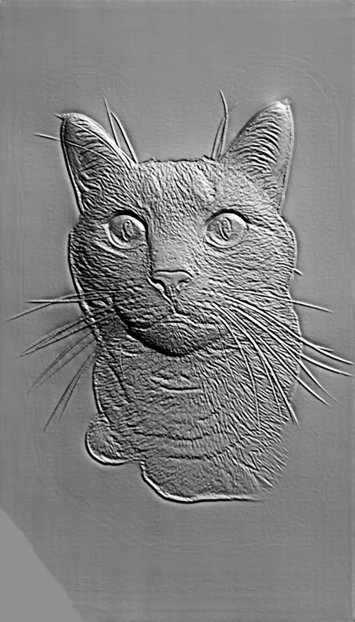 3D модель барельефа кота, выполненная в стиле скульптуры, с детальной проработкой шерсти и выразительными глазами.