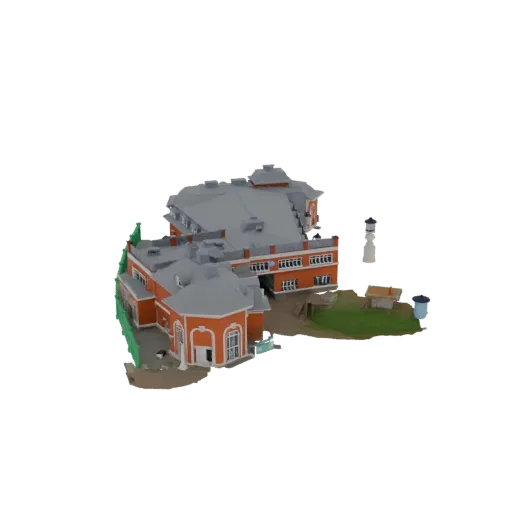3D-модель орнаментального красно-серого здания с детализированными окнами, серой крышей и зеленой оградой на белом фоне.