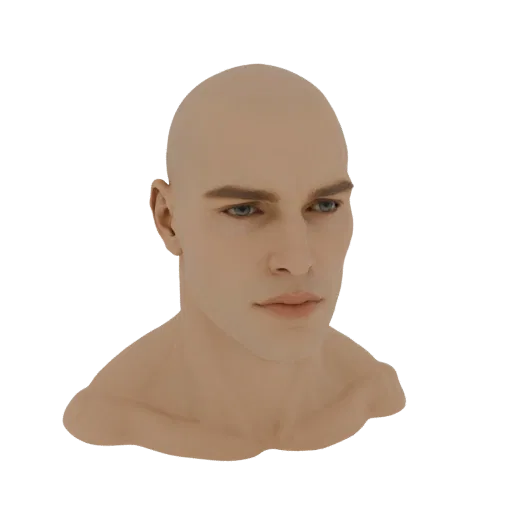 3D-рендер бюста головы и плеч лысого мужчины с реалистичной текстурой кожи и голубыми глазами.
