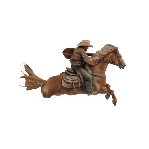 3D модель ковбоя в шляпе и куртке верхом на коричневой вздыбленной лошади с развевающейся гривой.
