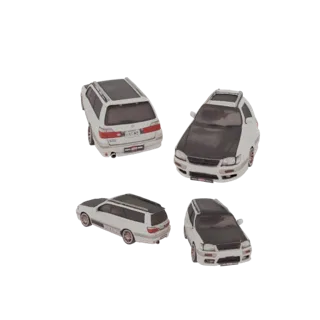 3D model of a white station wagon with a black hood, viewed from multiple angles.