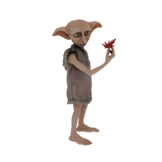 3D модель Добби из Гарри Поттера, стоящего и держащего в руке маленький красный лист.