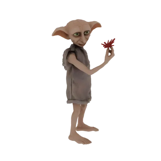3D модель Добби из Гарри Поттера, стоящего и держащего в руке маленький красный лист.