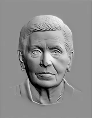 3D модель барельефа пожилой женщины с бусами, вид спереди, детализированное лицо и шея