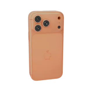 3D рендер концептуального оранжевого iPhone 15 Pro, вид сзади, демонстрирующий систему тройной камеры и логотип Apple.