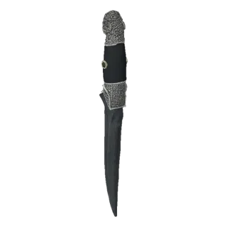 Детализированный 3D-рендер витиеватого кинжала с темным лезвием, серебристой гравировкой на рукояти и эффектным зеленым камне