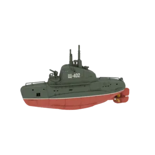 3D модель советской подводной лодки проекта 641 (Фокстрот) с бортовым номером "Щ-402", вид в профиль на белом фоне.