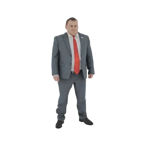3D модель мужчины в сером костюме и красном галстуке, стоящего с руками по бокам, смотрящего вперед.