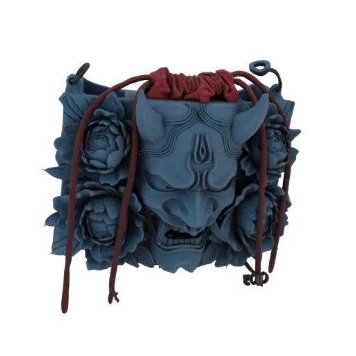 3D модель синей маски Они с красным шнурком, окруженной резными пионами на черном фоне.