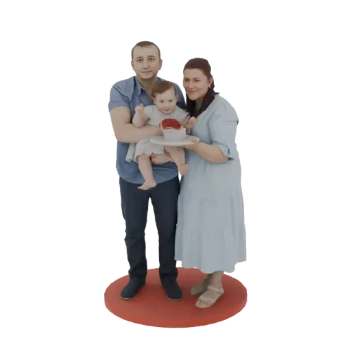3D модель отца с ребенком и тортом, и матери рядом, на красном круглом основании.