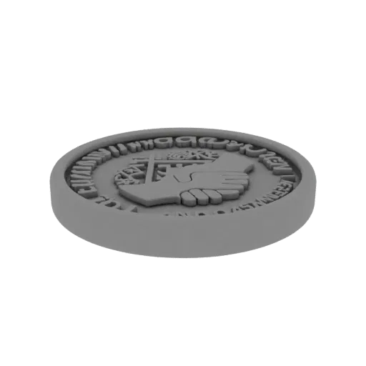 3D рендер серой древней монеты с рельефной эмблемой руки и креста и окружающими надписями.