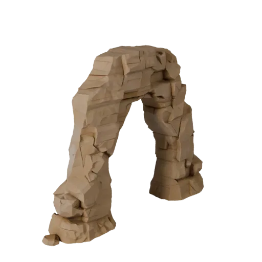 Низкополигональная 3D модель песчаниковой арки, вид в игровом окне в три четверти, показывающий слоистый камень, дюнные гребн