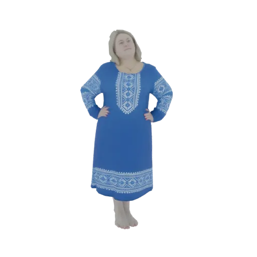 3D модель женщины с светлыми волосами, в синем платье с белой вышивкой, руки на бедрах, смотрит вверх.