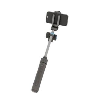 3D модель штатива для селфи с держателем для смартфона, темно-серого цвета с синими акцентами, на белом фоне