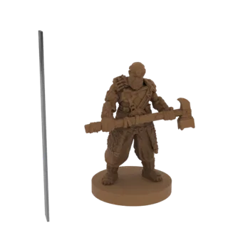 Рендер 3D модели фэнтезийного воина с большим топором, стоящего на круглой подставке, слева от него серый объект, похожий на