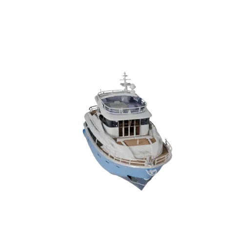 3D модель яхты, вид в студии в три четверти, готовый для Blender актив транспортного средства с формой корпуса, планировкой п