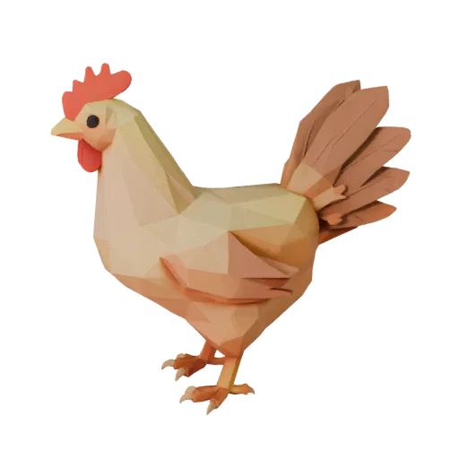 Низкополигональная 3D-модель курицы, вид сбоку в игровом ракурсе, низкополигональный ассет животного с детализацией хвоста, к