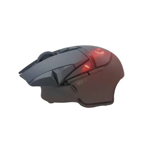 3D-модель беспроводной игровой мыши Logitech G Pro X Superlight с красной RGB-подсветкой, вид сбоку.