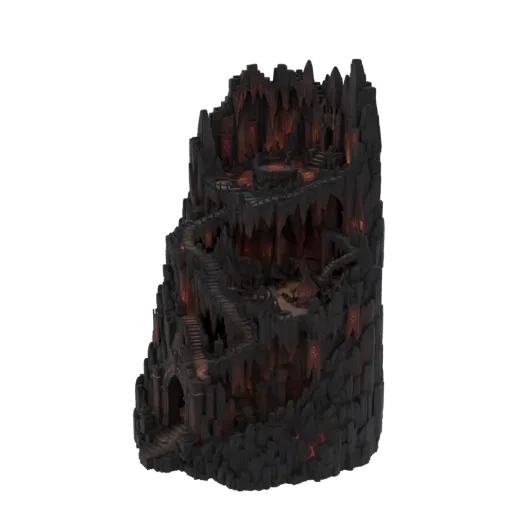 3D модель темной, зубчатой вулканической башни с prominent винтовой лестницей и светящимися оранжевыми лавовыми трещинами.