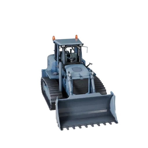 Модульная 3D-модель бульдозера для склада, изометрический вид модульного набора, показывающий окрашенную сталь, крупные механ