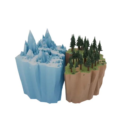 Низкополигональная 3D модель парящего острова, разделенного между замерзшим ледяным пейзажем с острыми пиками и густым соснов