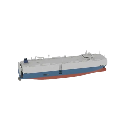 3D модель большого судна для перевозки автомобилей с несколькими палубами, синим корпусом и красной ватерлинией.