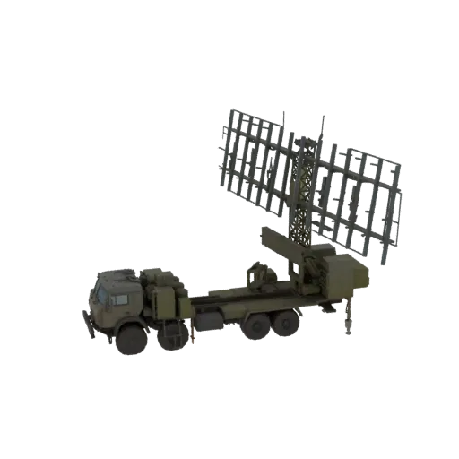 3D модель мобильной РЛС на зеленом военном грузовике с выдвинутой антенной.
