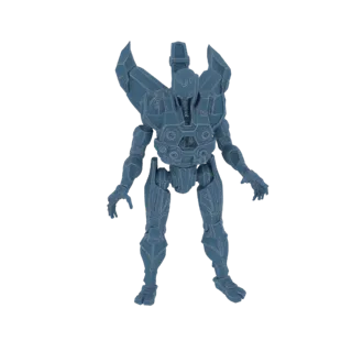 3D модель сине-серого космического воина с большим угловатым крылатым рюкзаком на белом фоне.