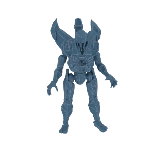 3D модель сине-серого космического воина с большим угловатым крылатым рюкзаком на белом фоне.