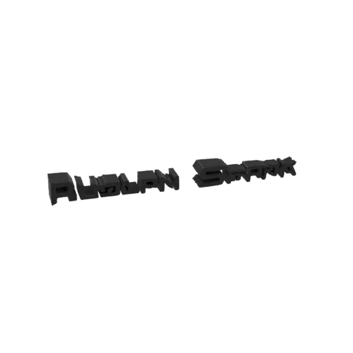 3D рендер слов RUMBLAN SPARK жирным, черным, блочным шрифтом с острыми гранями, представленный на белом фоне.