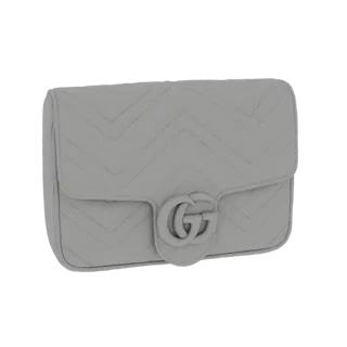 3D модель сумки Gucci Marmont Matelassé с прострочкой шеврон и логотипом GG, вид под небольшим углом.