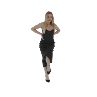 3D model of a woman with blonde hair wearing a black strapless dress and black high heels, posing with hands on hips.