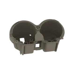 3D модель серого корпуса двойного датчика с двумя большими круглыми отверстиями и детализированным основанием.