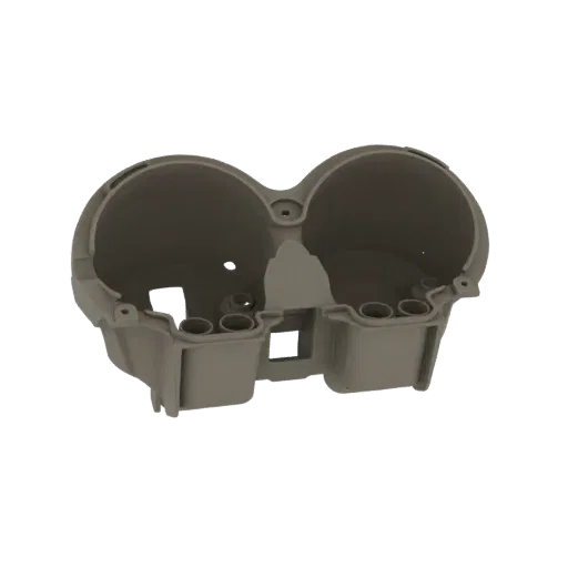 3D модель серого корпуса двойного датчика с двумя большими круглыми отверстиями и детализированным основанием.
