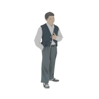 3D-модель мальчика в белой рубашке, темном жилете и серых брюках, стоящего одной рукой в кармане.