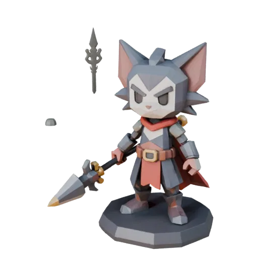 Предварительный просмотр низкополигональной 3D-модели фигурки животного-талисмана, показывающий позу, вид в три четверти и де