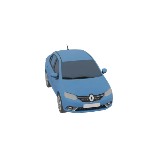 3D модель синего седана Renault Logan, вид спереди и сбоку, на белом фоне